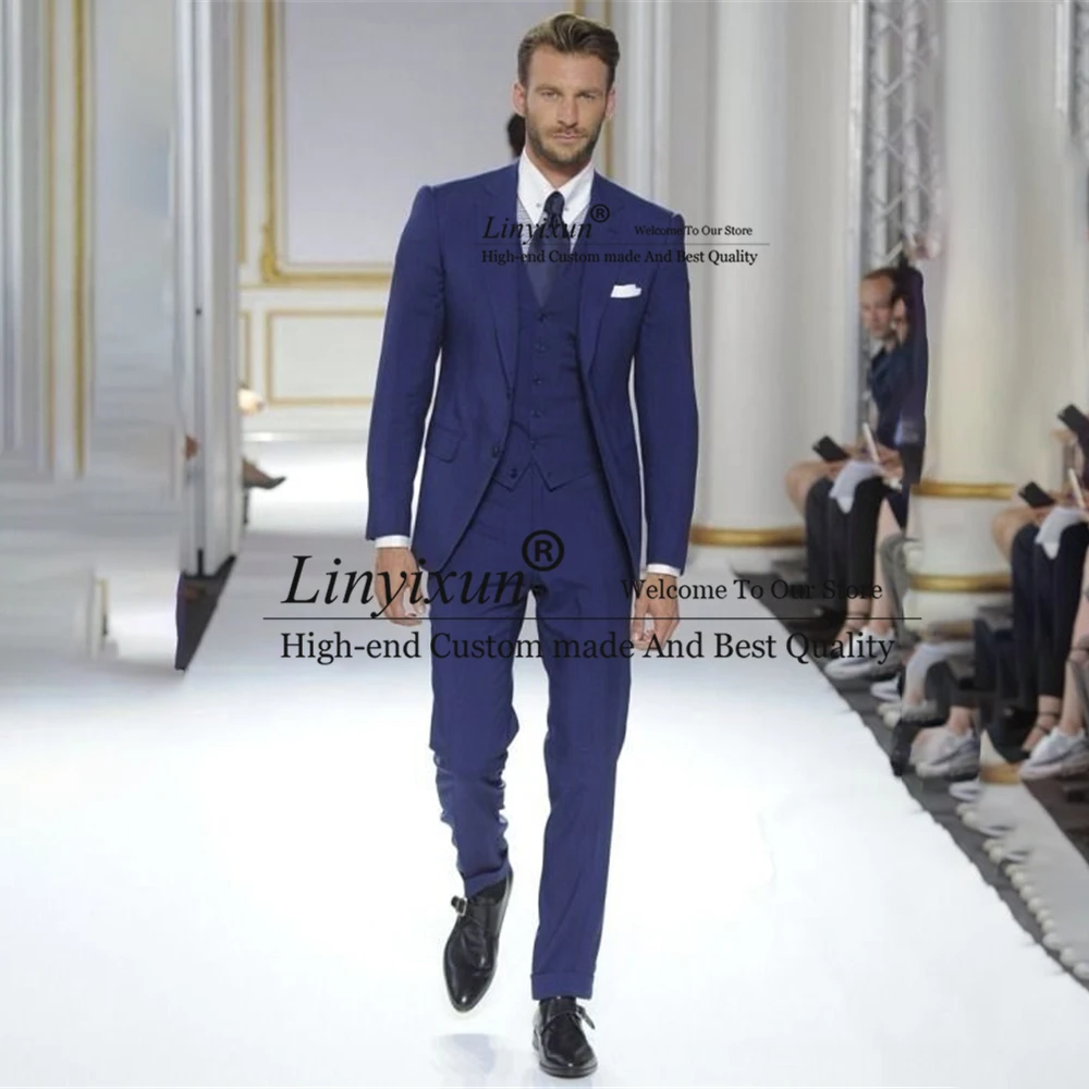 

Fashion Navy Blue Slim Fit Mens Suits Formal Business Blazer 3 Piece Set Wedding Groom Tuxedo Terno Masculino Jacket Vest Pants