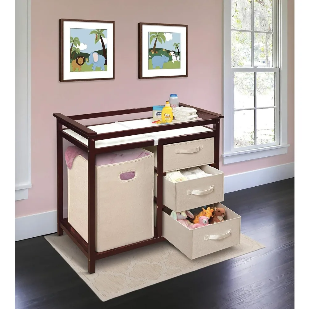Modern Baby Changing Table with Laundry Hamper, 3 Storage Drawers and Pad, Diaper Change Station-Cherry/Ecru