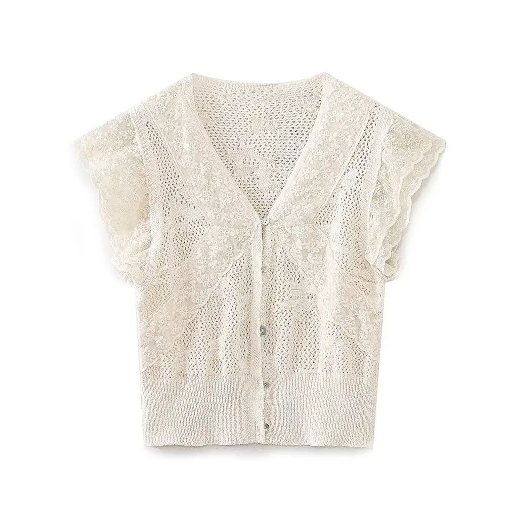 Jenny&Dave French Country Style Summer Blouse Women Lace Stitching Knitted Jacquard Beige Elegant Shirt Top For Women