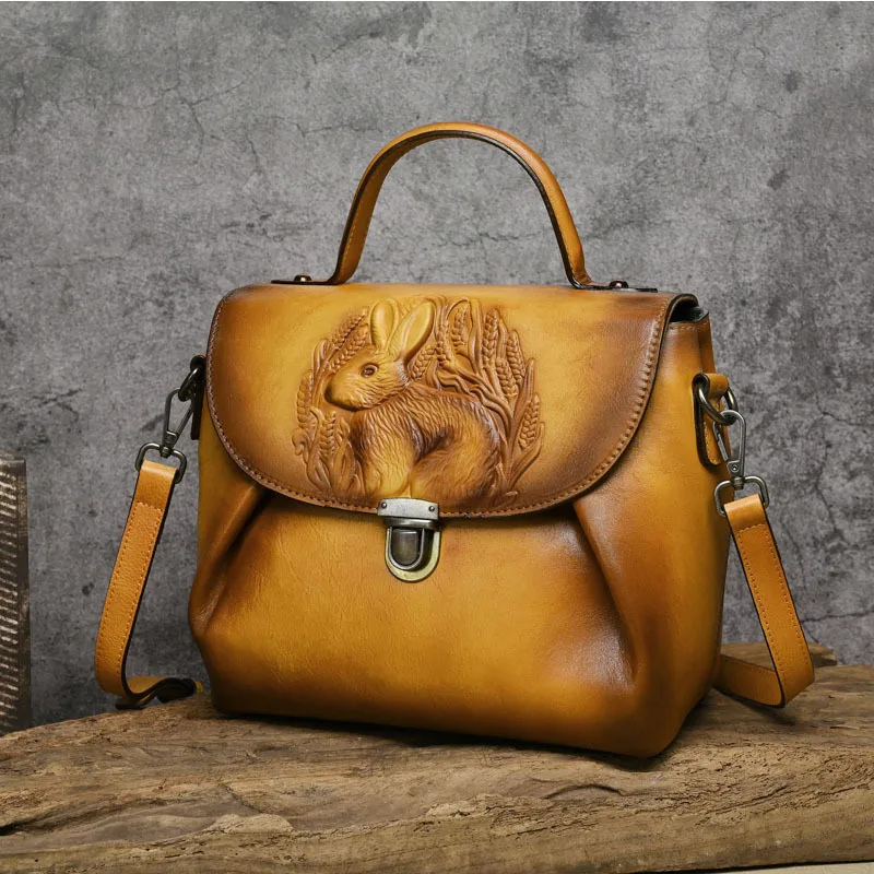 

2023 New Chinese Design Women's Head Layer Cowhide Leather Luxury One Shoulder Crossbody Handbag Cute Rabbit Embossed Bag