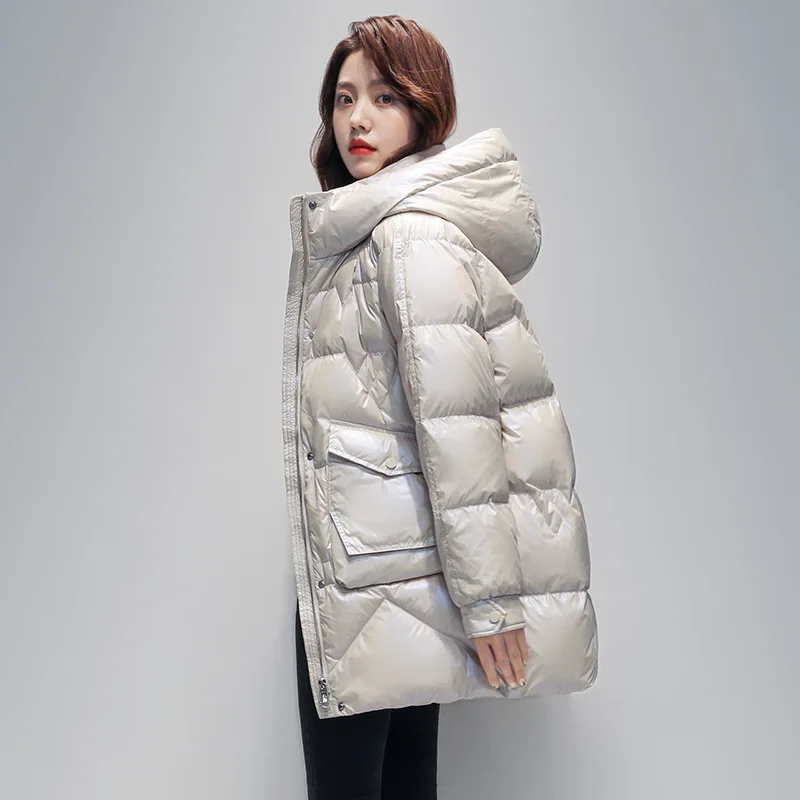 

2022 Korean Winter Down Cotton Jackets Women's Long Parkas Loose Hooded Warm Winter Coats Female Plus Size Beige Overcoats