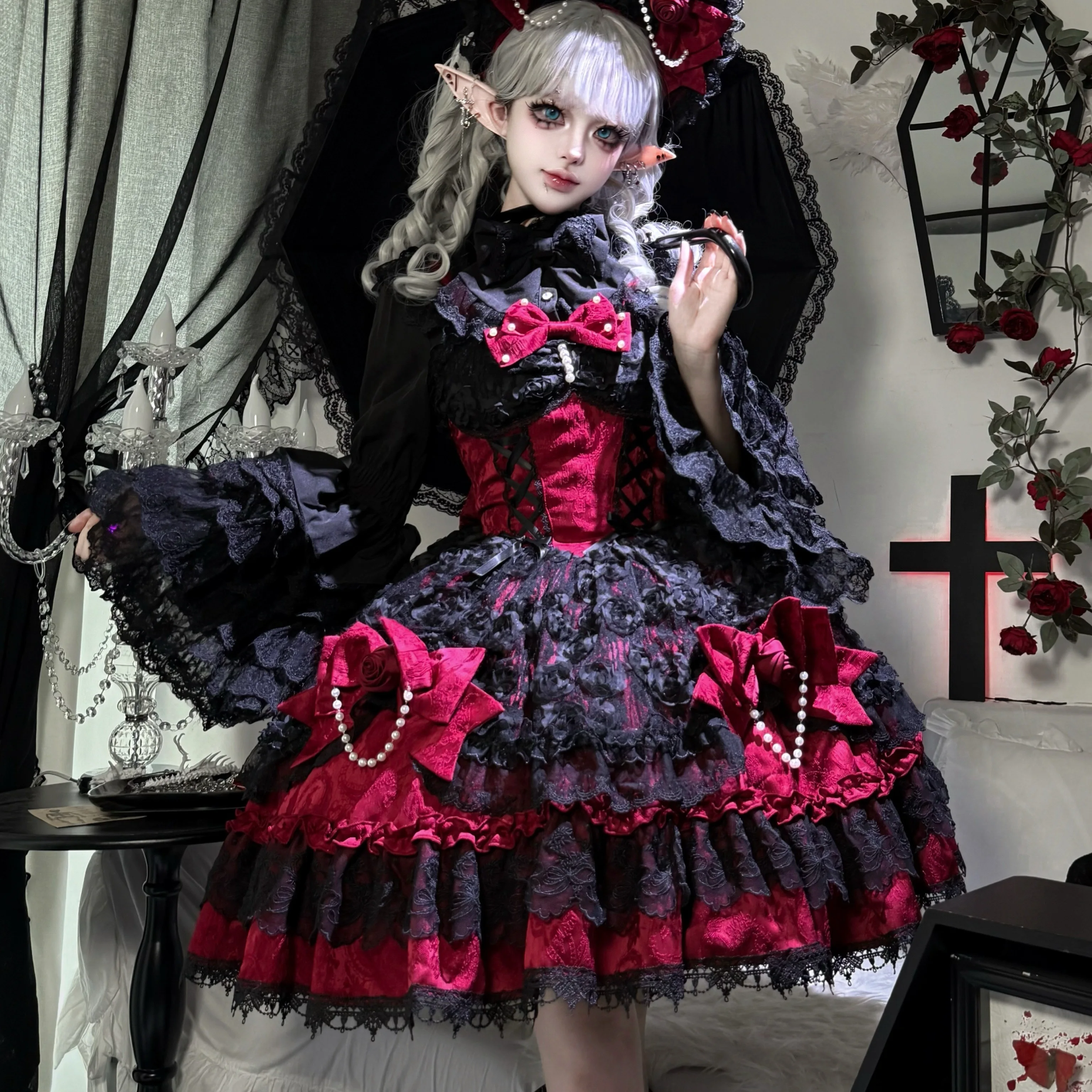 Original Black and Red Gothic Lolita Dress JSK Autumn New Girl's Sweet Cool Slim Princess Dress Halloween Carnival Cos Dresses 4