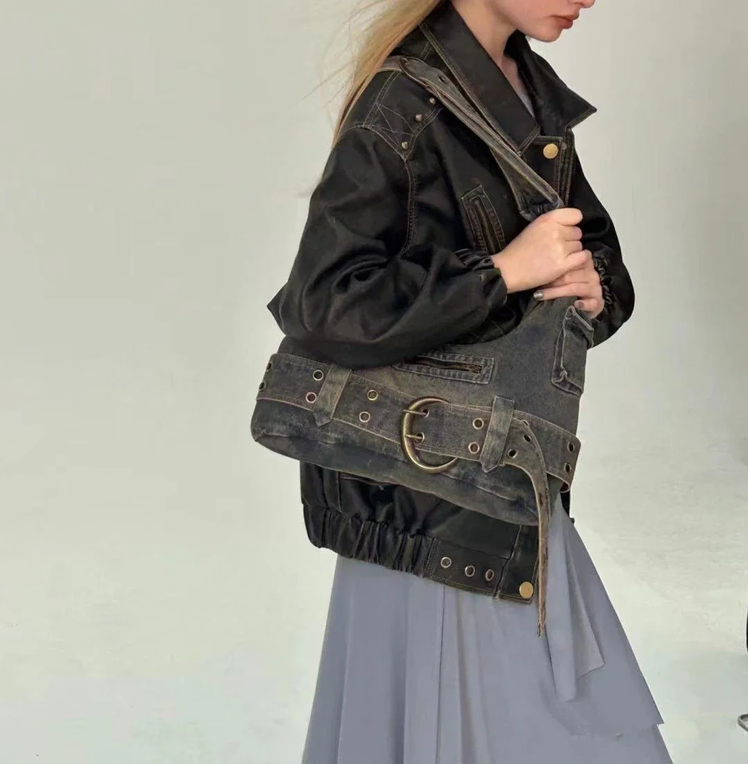 Trendy Vintage Y2k Aesthetic Women's Handbags Streetwear Grunge Denim Shoulder Bags Korean Fashion Casual All Match Underarm Bag