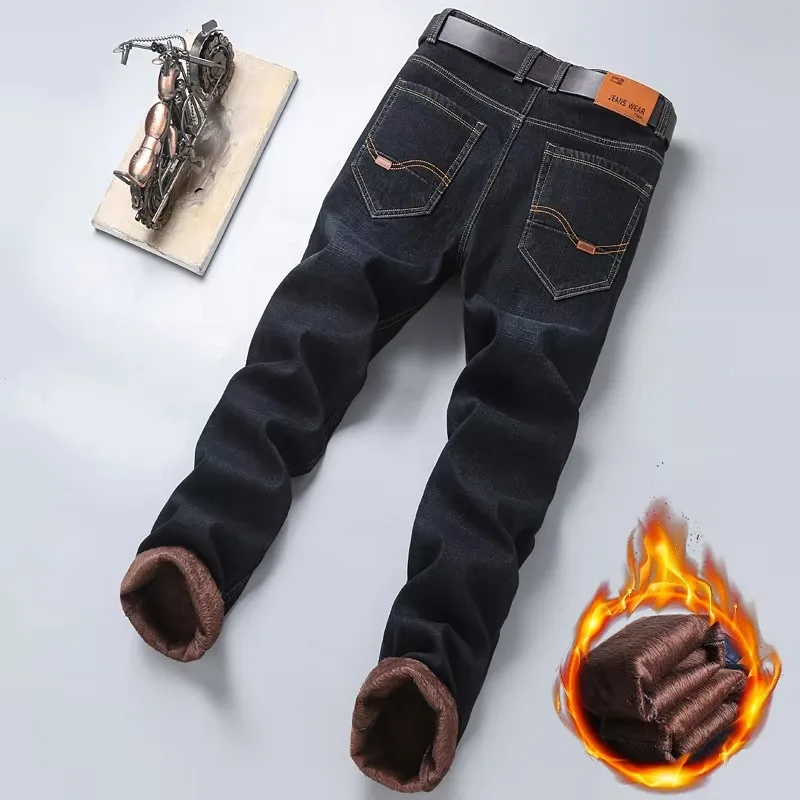 2024 Winter New Casual Men's Warm Fleece Jeans Classic Style Business Thicken Fur Regular Fit Denim Pants Brand Plush Trousers 3