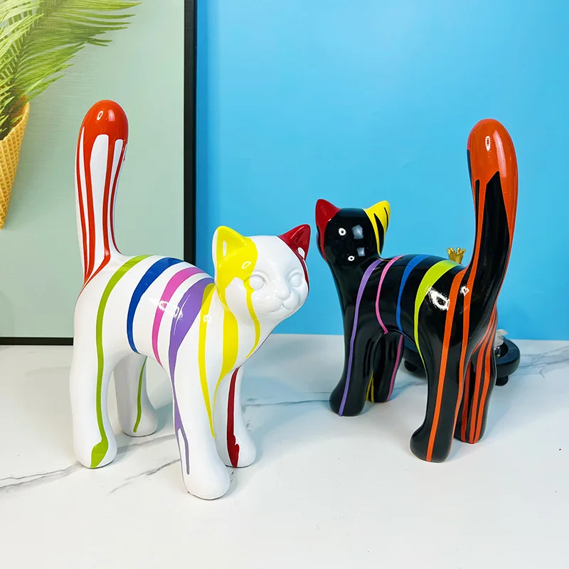 

Painted Graffiti Cat Colorful Cat Figurine Statue Desktop Animal Crafts Ornaments Home Living Room Bedroom Decor Cat Gift