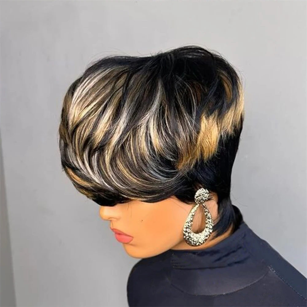 Human Hair Wigs Pixie Cut Wig For Black Women Full Machine Made Short Layered With Bangs
