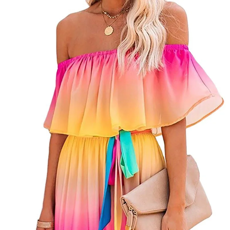 

2024 Summer Women's Rainbow Sexy Dress One Line Neck Dress Girls Vacation Beach Dress