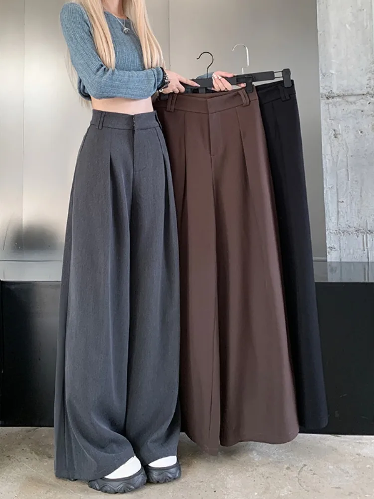 Grey Woolen Suit Pants For Women In Autumn And Winter High-end Drape Thickened Wide Leg Pants High Waist Loose Pants