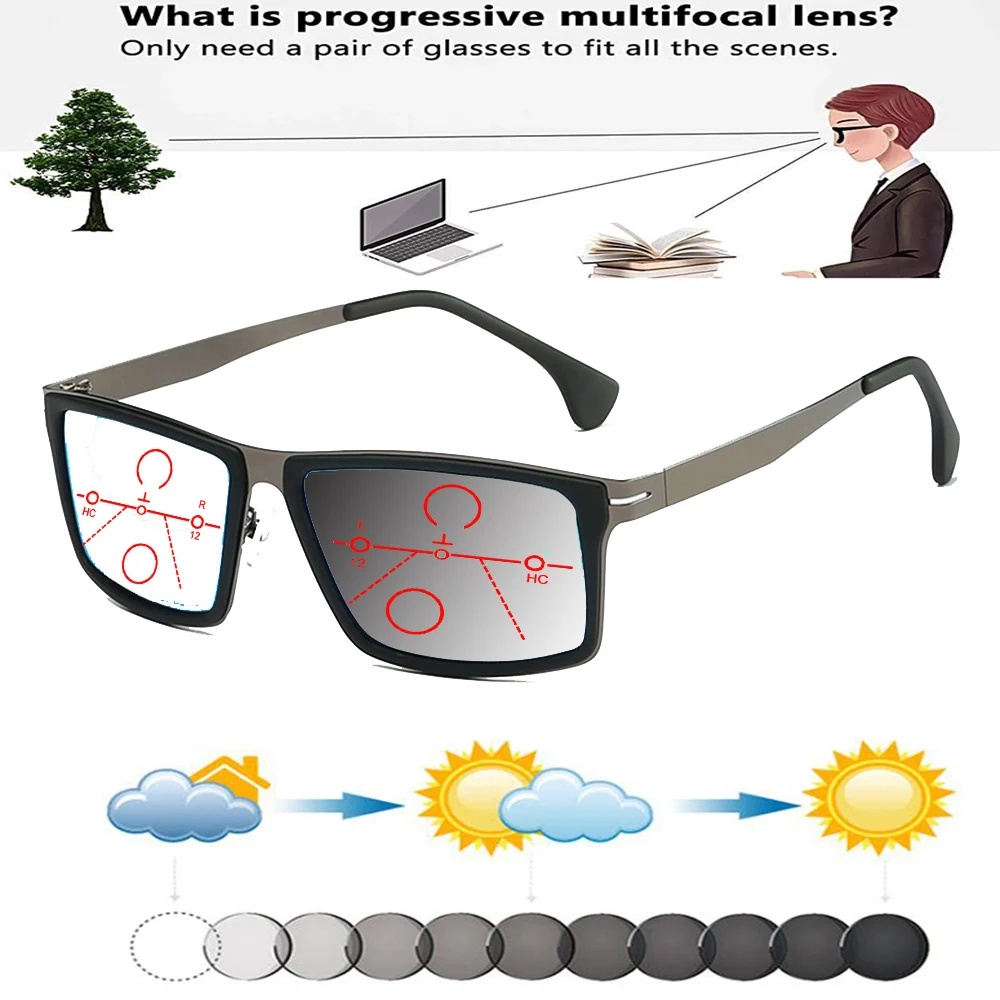 

Удобные Модные фотохромные прогрессивные многофокальные очки для чтения с квадратной оправой из сплава с дужками TR90 + 0,75 до + 4
