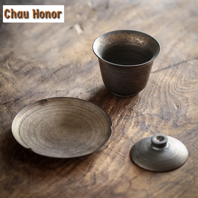 160ml Retro Ceramic Sancai Gaiwan Single Cup Handmade Gilding Tureen Kung Fu Teaware Household Accessories Office Decoration