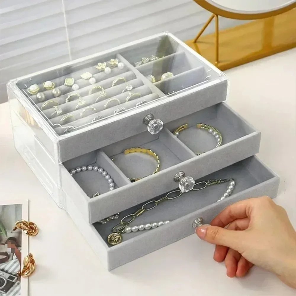 Acrylic Velvet Jewelry Organizer 3 Drawers Stackable Display Storage Earrings Necklace Bracelets Box Holder Case For Women