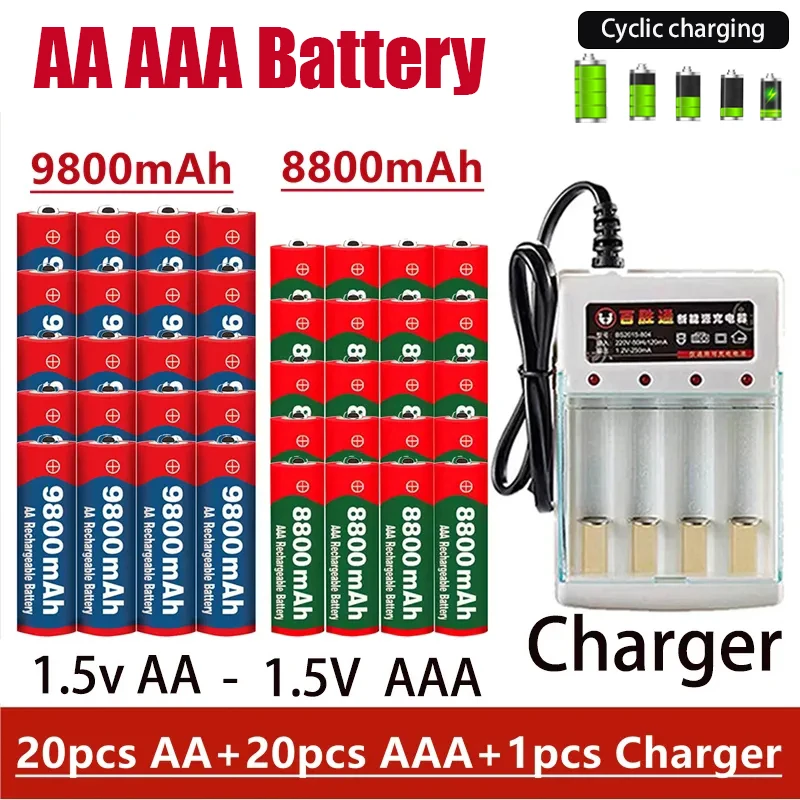 

AAAbattery Free Shipping Rechargeable Battery Original 2023NEW 1.5V AA9800MAH+AAA8800MAH+charger Suitable for Hair Clipper MP3