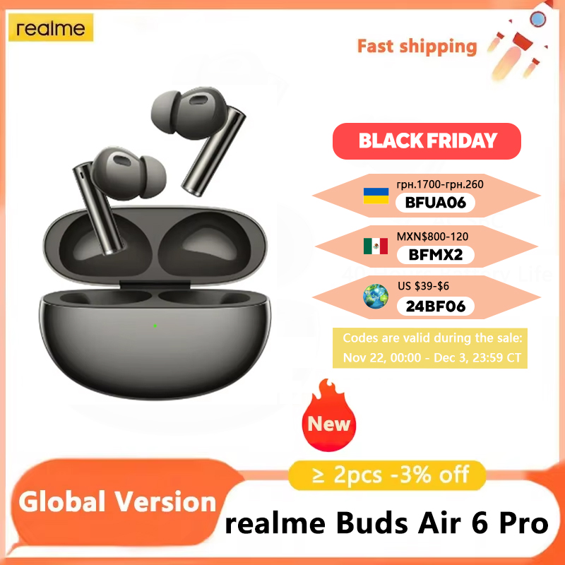 Global Version realme Buds Air 6 Pro Wireless Earphone 50dB Active Noise Cancelling 2.0 40H Battery Life Bluetooth 5.3 Headse