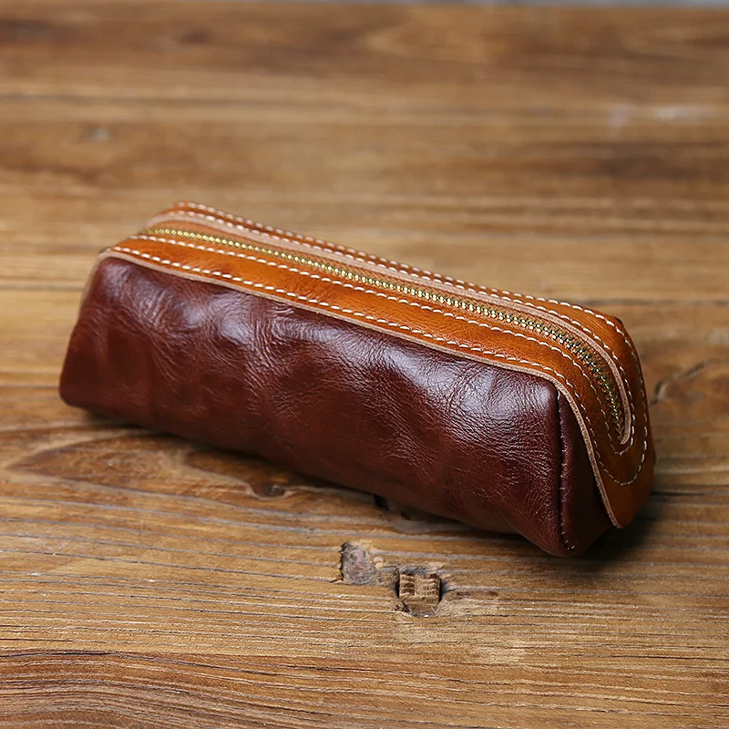 NZPJ New Vintage Genuine Leather Pencil Case Hand-Tooled Cowhide Wallet Unisex Glasses bag Retro Key Storage Bag