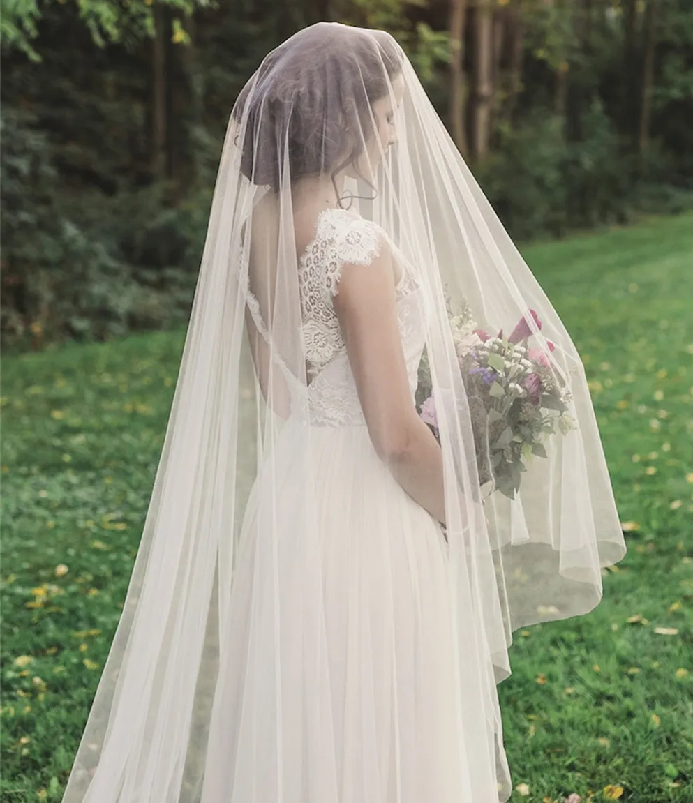 Bridal Veil Long Simple 1 Tier Blusher Sheer Drop Veil Soft Tulle Cathedral Wedding White/Ivory/Champagne Boho Cheap 300cm