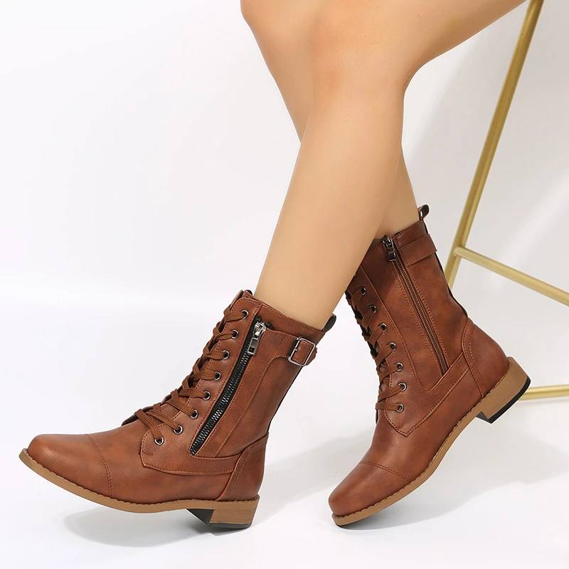 2023 High Quality Shoes Female Cross-tied Women's Boots Fashion Side Zipp Casual Boots Women Brand Belt Buckle Mid-Calf Zapatos