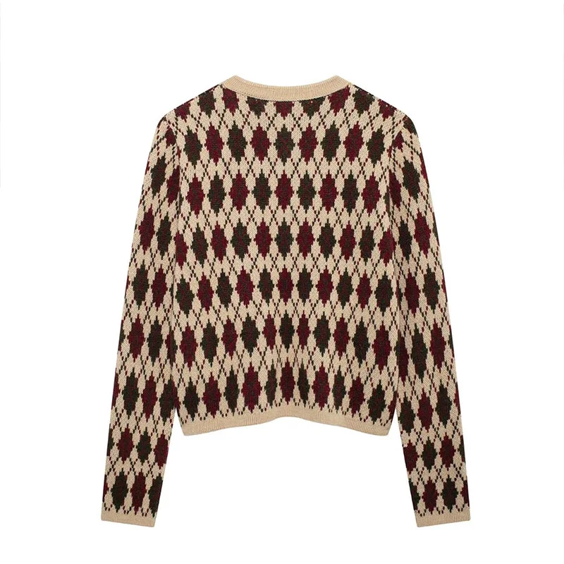 Plaid Knitted Slim Cardigan Women Autumn O-neck Long Sleeve Metal Button Short Sweater Coat Lady All-matching Knitwear New