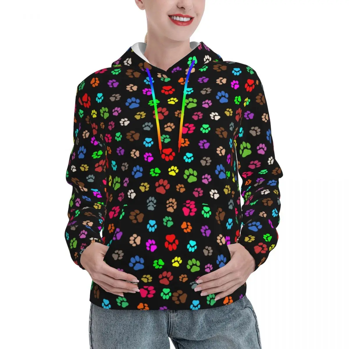 

Colorful Dog Pow Loose Hoodies Women Multicolored Paws Print Korean Fashion Hoodie Autumn Funny Classic Hooded Shirt Large Size