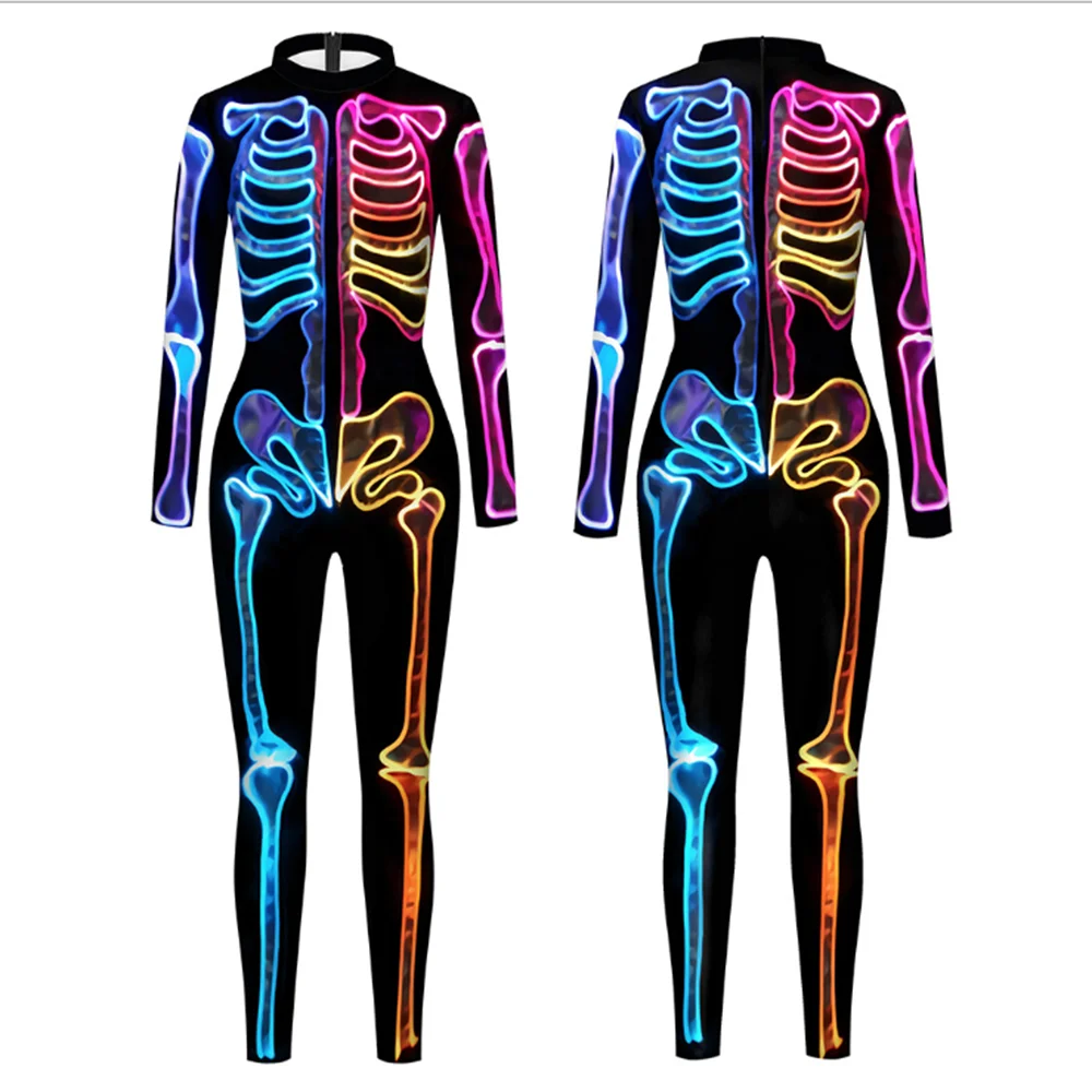 Halloween Jumpsuit Glow Fluorescent Skull Sexy Women Devil Ghost Party Carnival Performance Scary Costume Skeleton Bodysuit
