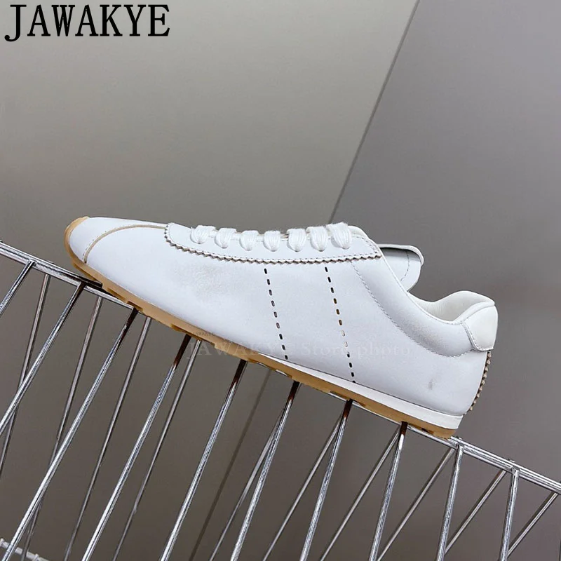 

2024 New Casual Lace up Sneakers Flat Shoes Woman Genuine Leather Splicing Runway Single Shoes Round toe Comfort Walk Shoe Mujer