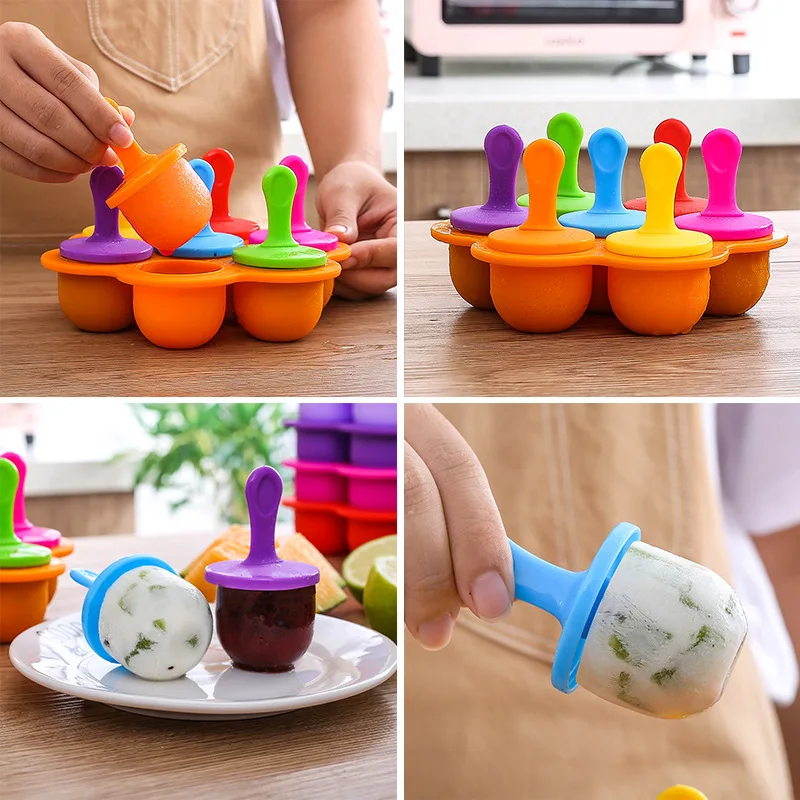 7 Holes Ice Cream Ice Pops Mold Food Grade Silicone Popsicle Mould Maker Baby Food Supplement Tools Fruit Shake Accessories