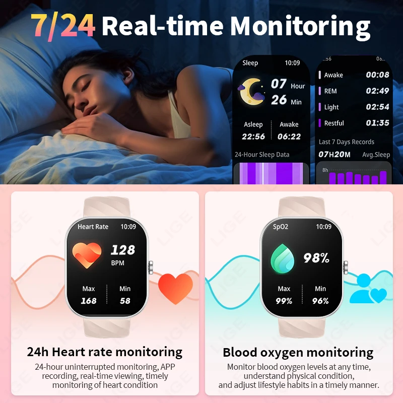 LIGE Women Smart Watch 2.01 inch Bluetooth Call Men Voice Assistant Heart Rate Monitor Sleep Tracker Smartwatch For Android IOS