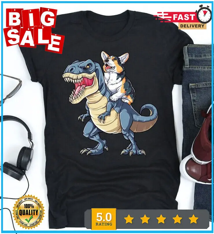 Corgi Tri Color Dinosaur T Rex Shirt, Camicia Tricolore Corgi, Dinosaur T-Rex , C Maniche Lunghe