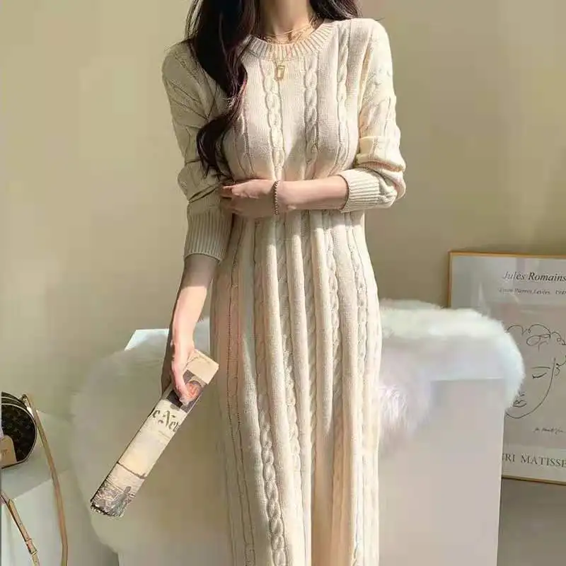 

2022 winter casual apparel women's oversized jumper long-sleeved o-neck solid female knit chunky sweater dress