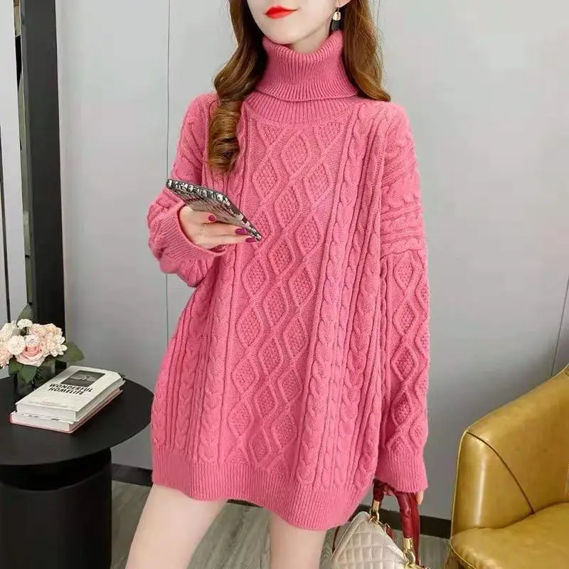 

Turtleneck Thick Sweater Women's Mid-Length New Bottoming Shirt 2024 Loose and Lazy Style Cable-Knit Pullover Wholesale