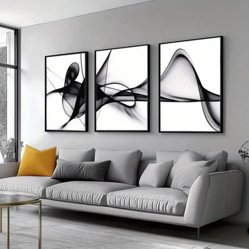 Set di 3 Eleganti Quadri Astratti su Tela in Bianco e Nero, Decorazione Murale Moderna per Soggiorno, Camera da Letto, Ufficio e Casa