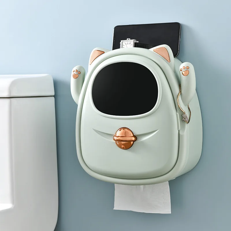 Toilet Paper Holder Wall Mount Cat Toilet Paper Holder Waterproof Tray Roll Tube Tissue Box Drawer Tissue Holder Bathroom Storage Shelves