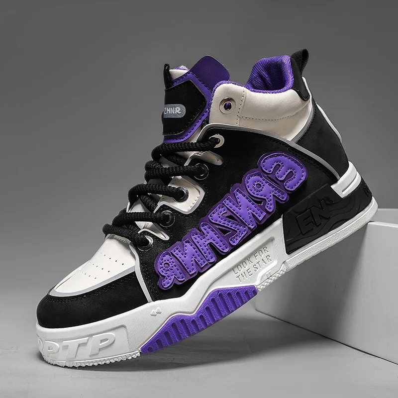 Mens Skate Shoes Flat High-top Leather Comfortable Outdoor Walking Casual Footwear Trendy High-top Lace-up Tennis Sneakers Man
