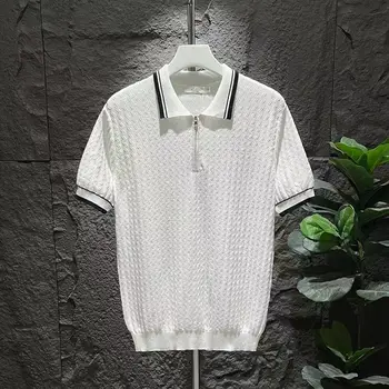 Polo Jacquard lavorata a maglia da uomo Casual Stripe Turn-down Collar Zipper Solid manica corta Tees Shirt abbigliamento di lusso traspirante