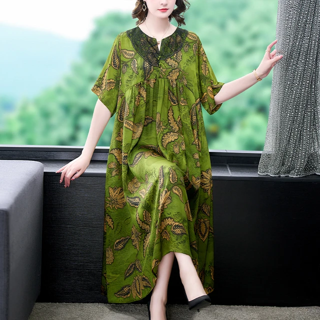 Style Green Cinched Patchwork Lace Long Summer Cotton Dress