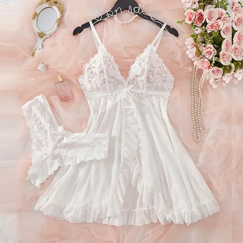 Ice Silk Thin Halter Sexy Women nightgowns Women nightdresses Women pajamas Sleeping dress Women lingerie set Lingerie Pajamas Lace Nightdress And Thong Sets Plus Size Nightwear Women Underwear Sleepwear Transparent Dress