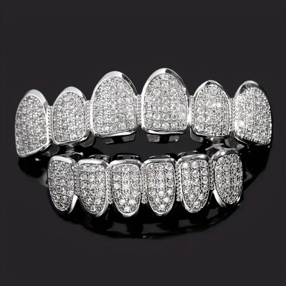 Teeth Grillz Set for Unisex Top Bottom Mouth Silver Color Teeth Grills Tooth Cap Removable Dental Fashion Body Diamond Jewelry