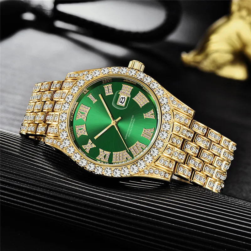 Montres de Marque de Luxe Men Hip Hop Diamond Fashion Alloy Band Golden Date Vintage Quartz Watches Luxury Watch sss Supply 2024