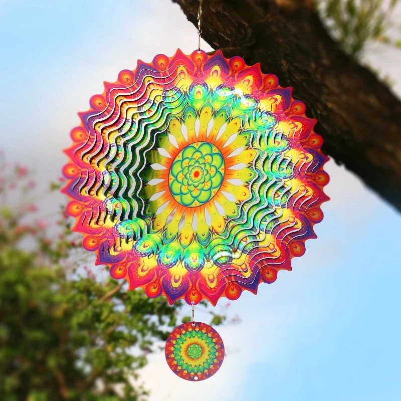 Outdoor Bird Repellent Wind Chime Mandala Garden Yard Balcony Stainless Steel Hanging Decor for Home 3D Rotating Wind Spinner 4