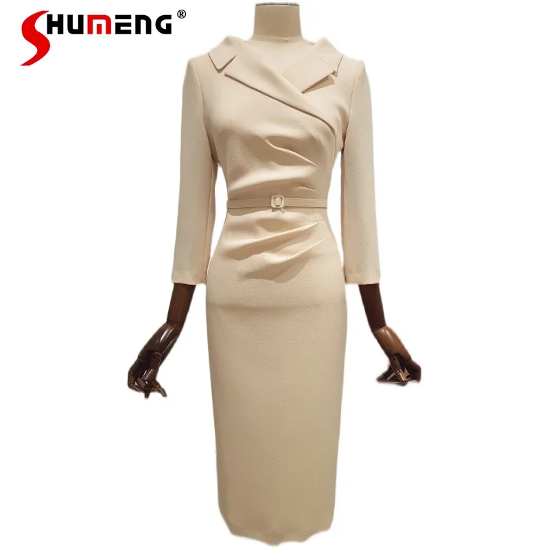 

High-End New Female Suit Collar Pleated 3/4 Sleeve Slim Fit Slit Mid-Length Dress OL Ladies Elegant Off Shoulder Pencil Dress