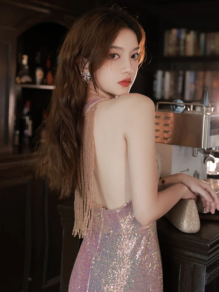 

Evening Dress Women 2023 New High Quality Sexy Goddess Fishtail Split Dress Sequin Host Long Style