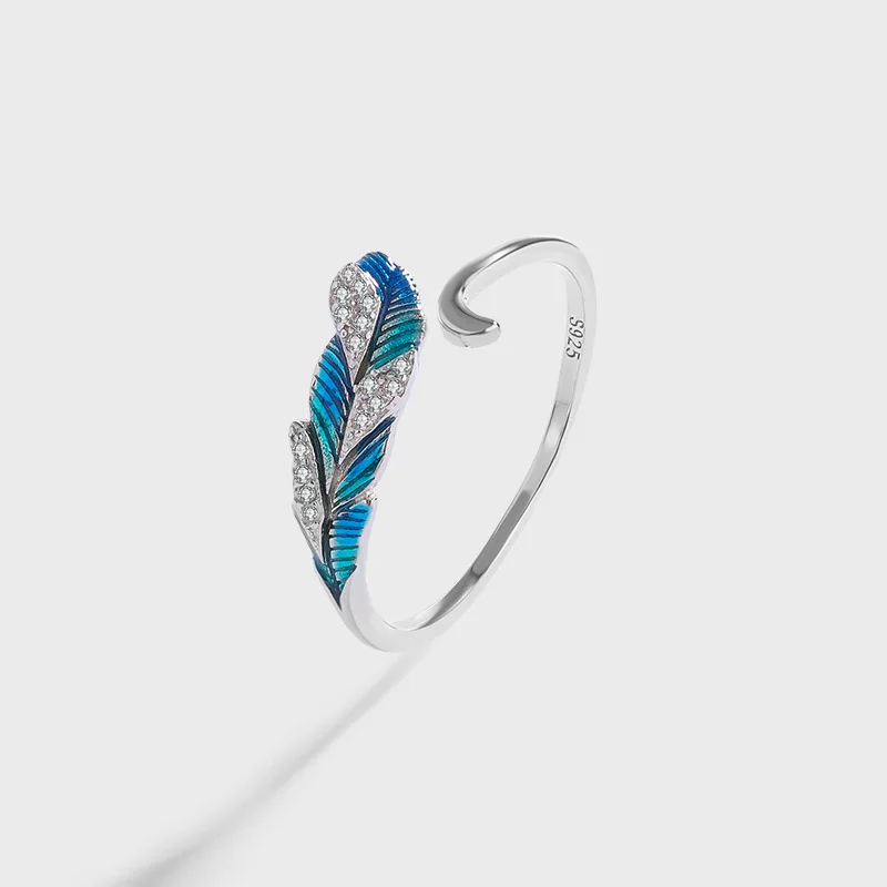 

HOYON Sterling Silver 925 Brilliant Blue Feather Open Women's Ring White Gold Blue Green Gradient Zircon Ring Accessories Jewely