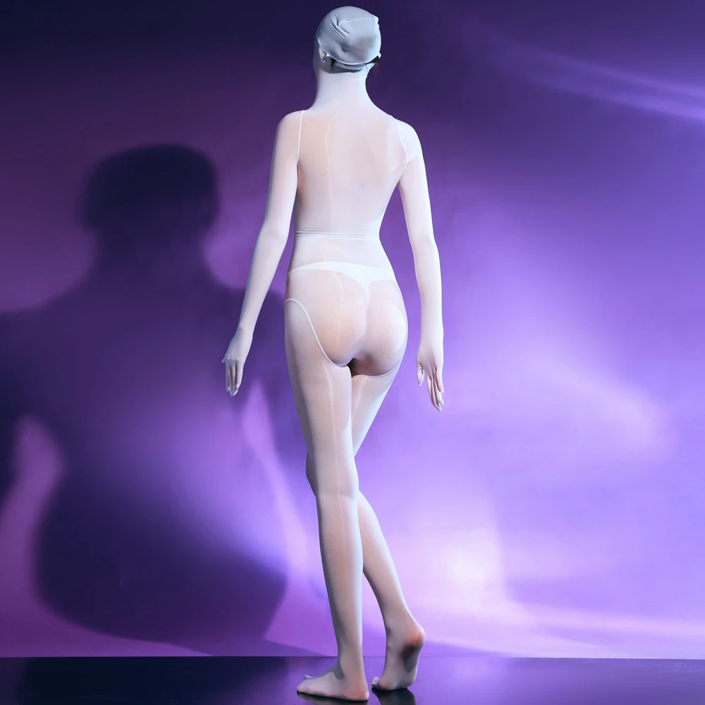 Sexy Women High Collar Mask Hooded Tights Oil Glossy Elastic Bodysuit See Through Glove Rompers Cosplay Maid Jumpsuits 3