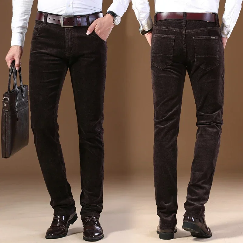 2023 Winter Men's Corduroy Casual Pants Business Fashion Solid Color Elastic Regular Fit Trousers Male Black Khaki Coffee Blue 6