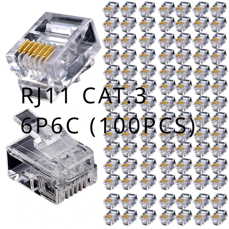 

Cat3 RJ11 connector Cat.3-6P6C, modular cable head plug gold-plated pressed telephone crystal head (100 pieces)