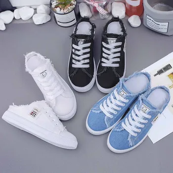 Womens Half Slipper Sneakers Comfortable Women Casual Shoe Lace-up Women Flat Shoes Breathable Canvas Shoes Anti-slip Zapatillas 1