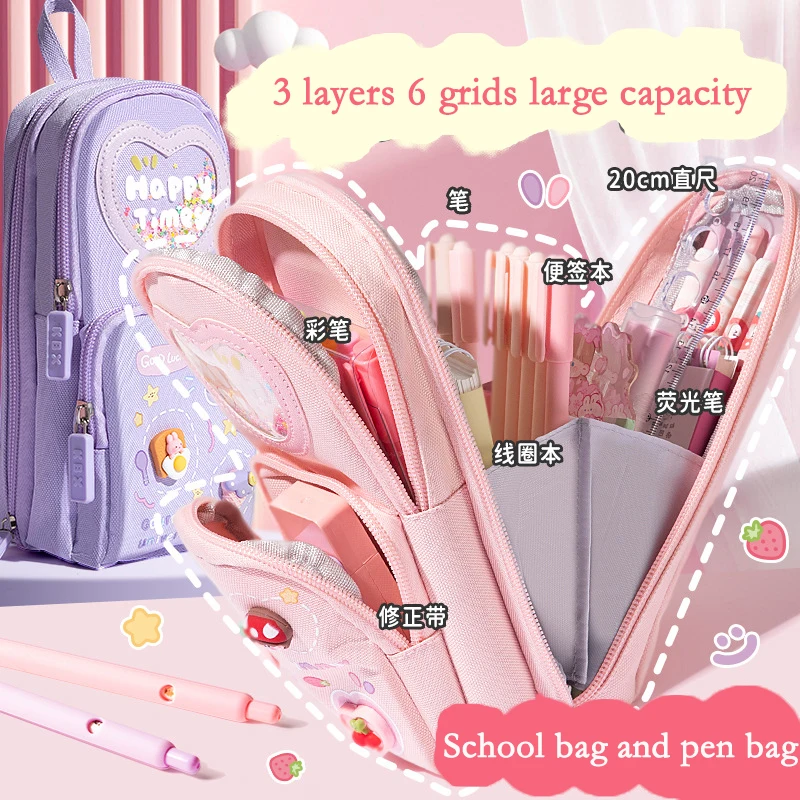 Large-capacity Schoolbag Pencil Case for Girls Cartoon Pencil Box Multi Layer Storage and Standing Cute Kawaii School Supplies