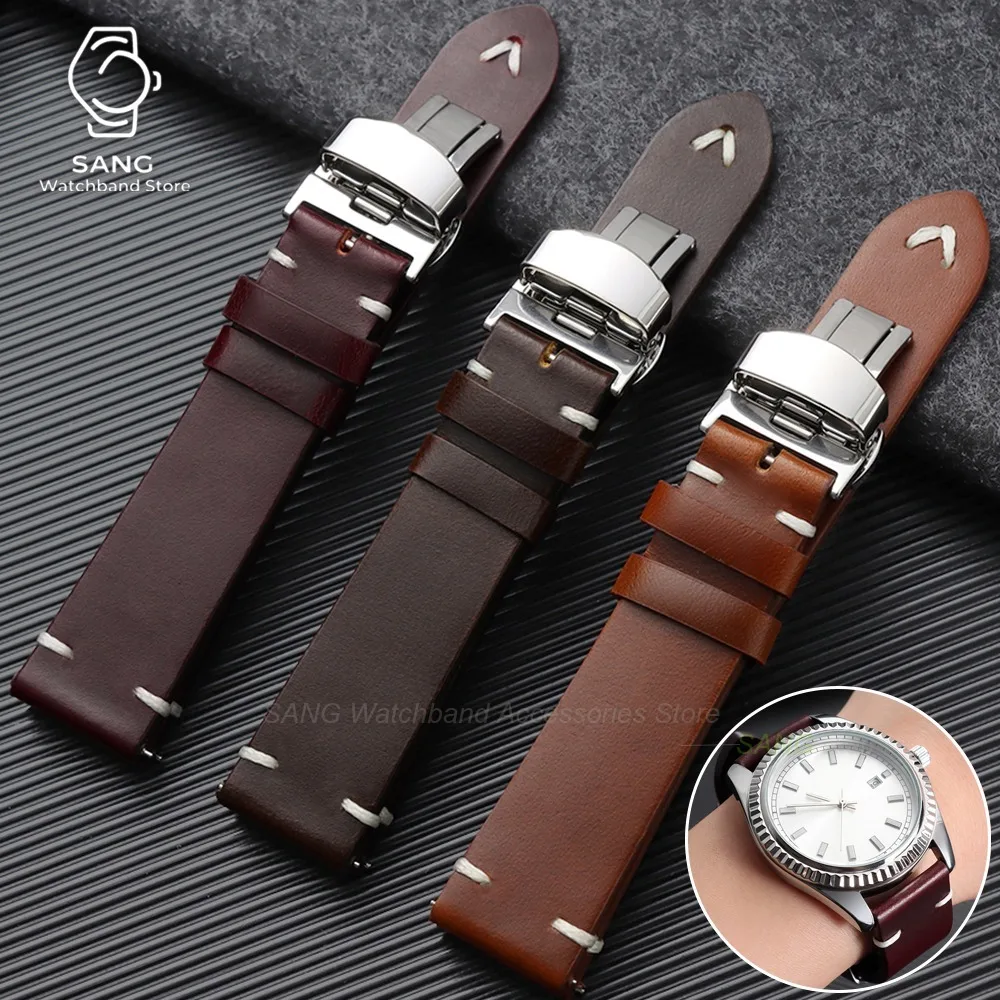 Vintage Cowhide Leather Watch Band with Butterfly Buckle - Quick Release Strap in Brown and Black