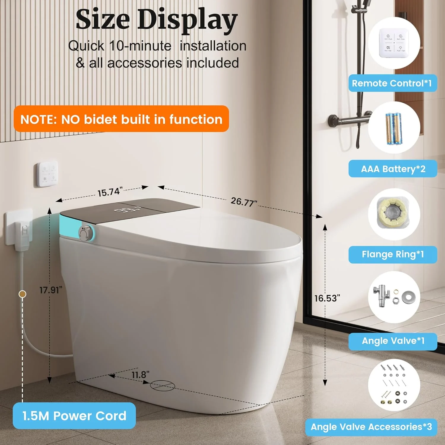 Smart Toilet with Heated Seat & Auto Flush, Tankless Toilets for Bathroom Modern One Piece Toilet Standard Comfort Height