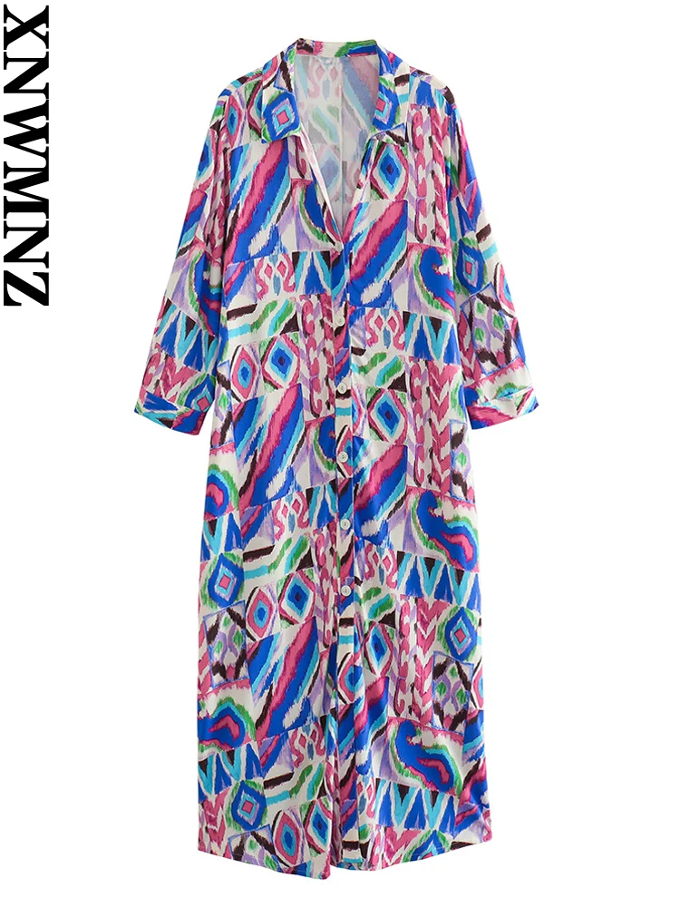 

XNWMNZ Women's Fashion 2023 Printed Tunic dress Women Retro Lapel Long Sleeve Front Button Casual Versatile Female Dresses