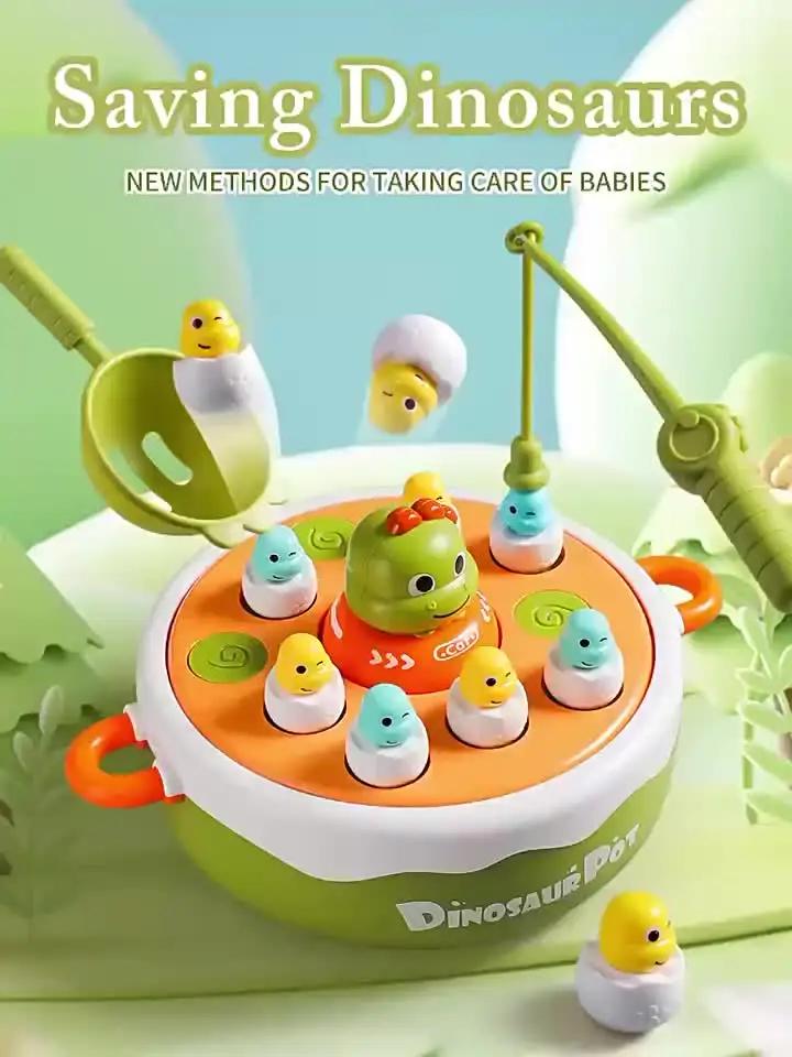 BunnyJOY Dinosauro 4 in 1, gioco di pesca magnetico per bambini, giocattolo musicale con bowling, Tic-Tac-Toe, giochi interattivi per bambini per ragazzi e ragazze dai 3 agli 8 anni